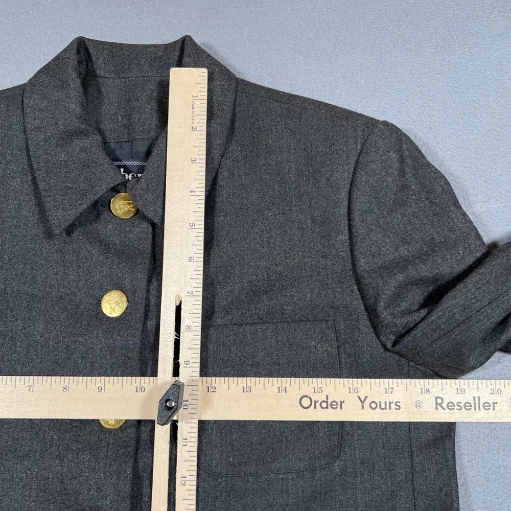 Vintage Burberry Wool Blazer Jacket Womens 4P‎ Petite Gray Collared Gold Buttons